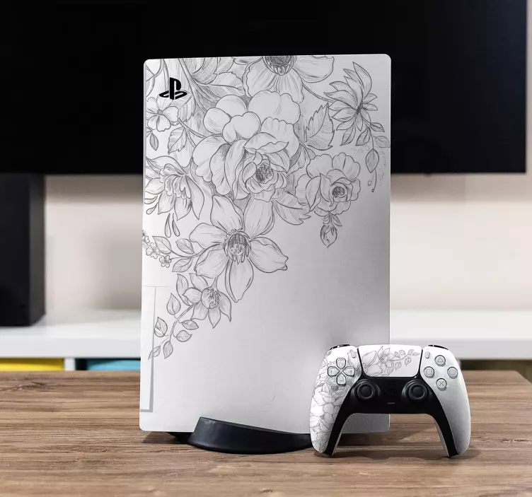 PS5 Aufkleber Weißer Hintergrund mit blumen darauf - TenStickers