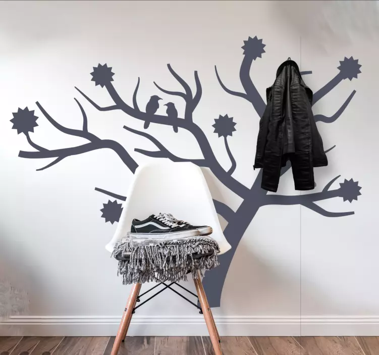 Wandtattoo Garderobe Retro-baum mit vögeln und spitzen blumen - TenStickers