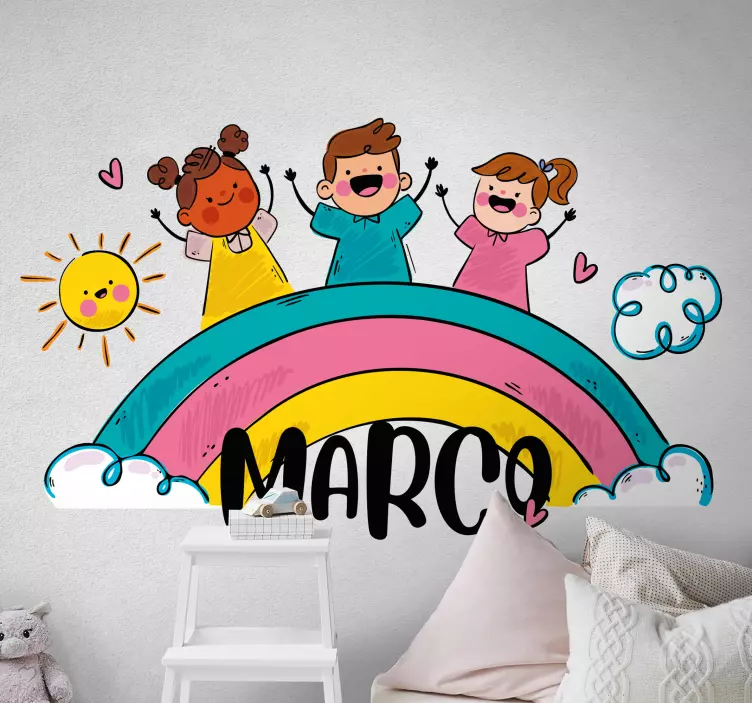 Wandtattoo Zeichnung Kinder spielen auf regenbogen - TenStickers