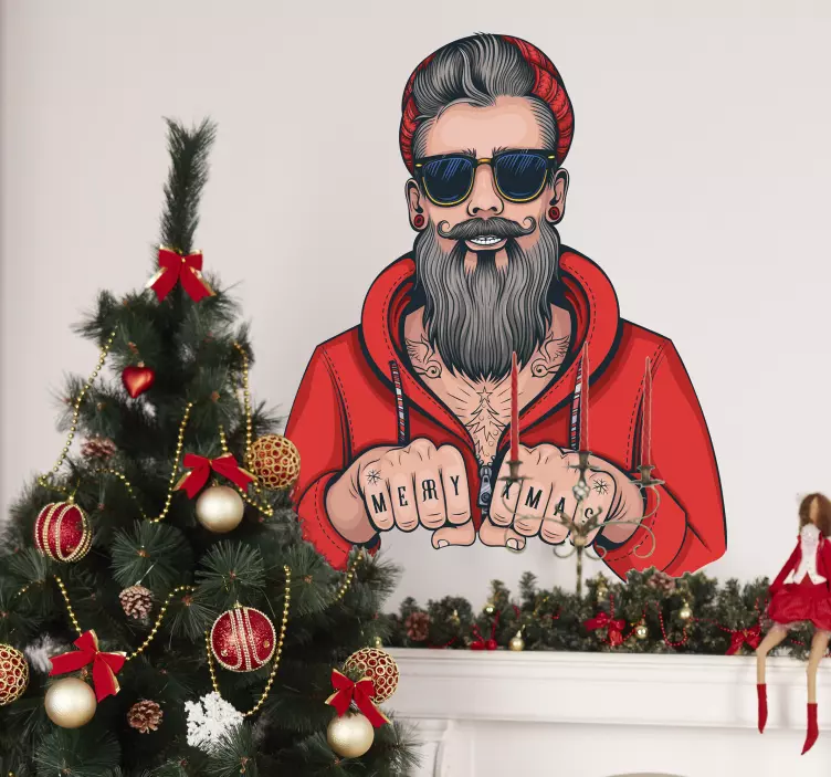 Wandtattoo Flur Hipster Weihnachtsmann XMAS - TenStickers
