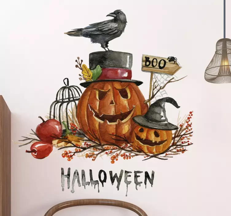 Wandtattoo Halloween Kürbis mit Rabe - TenStickers