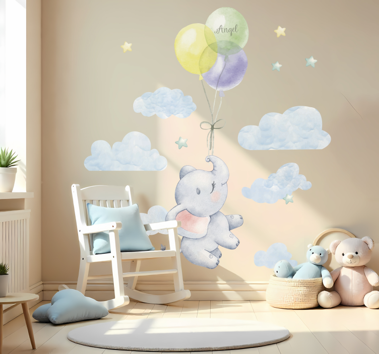 Wandtattoo Kinderzimmer elefant mit ballon und namen - TenStickers