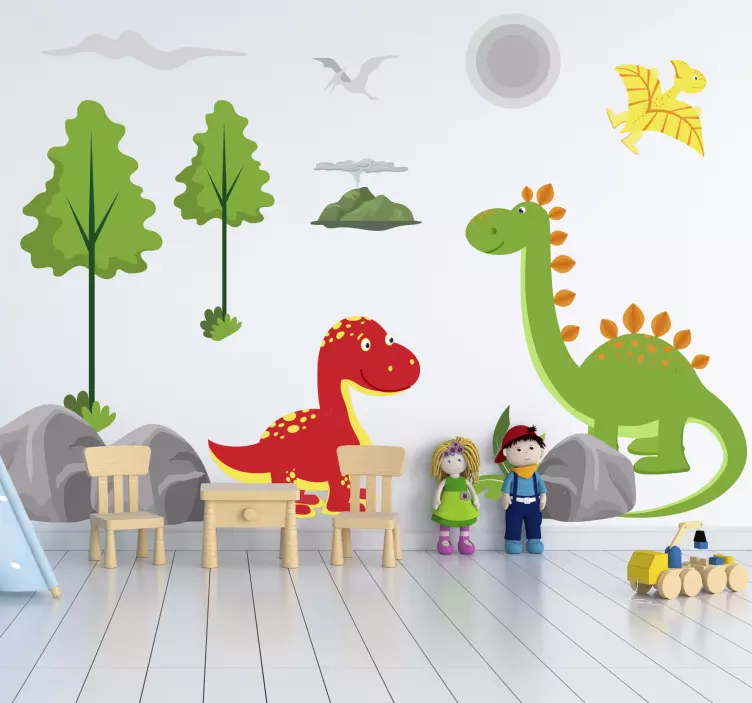 Wandtattoo kinderzimmer farbenfrohe dinosaurier szene - TenStickers