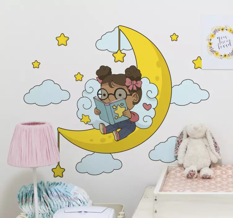 Wandtattoo kinderzimmer kind liest unter dem mond - TenStickers