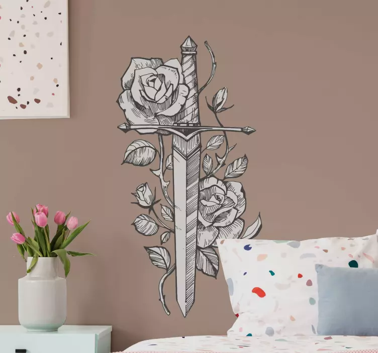 Wandtattoo ornament mit rosenverziertem schwert - TenStickers