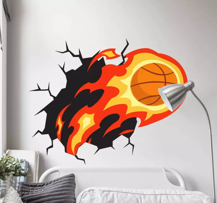 Aufkleber visuelle Effekte Feuerbasketball durch die Wand 3D - TenStickers