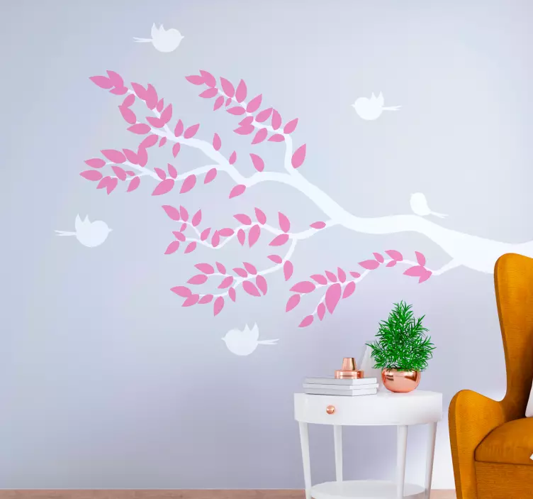 Wandtattoo Baum Baum mit rosa blättern und fliegenden vögeln - TenStickers