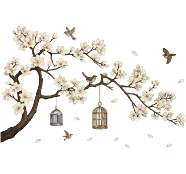 Wandtattoo Wohnzimmer blumenbaum mit vögeln - TenStickers