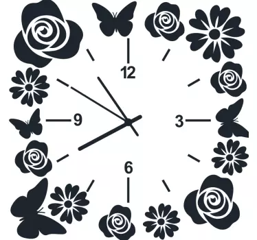 Uhr mit Schmetterlingen und Blumen Wanduhr Aufkleber - TenStickers