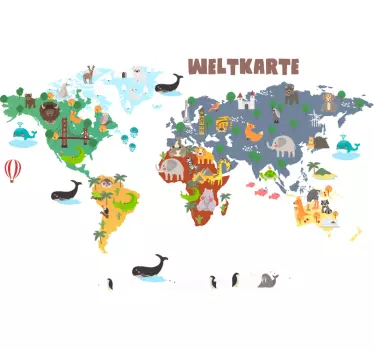 Wandtattoo Weltkarte Bunter kontinent mit gebäuden und tieren - TenStickers