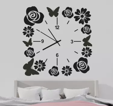 Uhr mit Schmetterlingen und Blumen Wanduhr Aufkleber - TenStickers