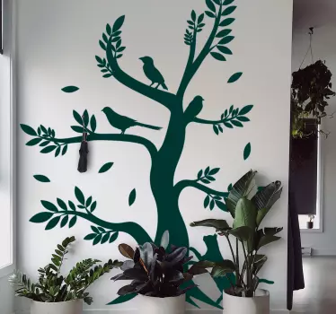 Wandaufkleber Garderobe Einfarbiger baum mit vögeln und einem käf - TenStickers