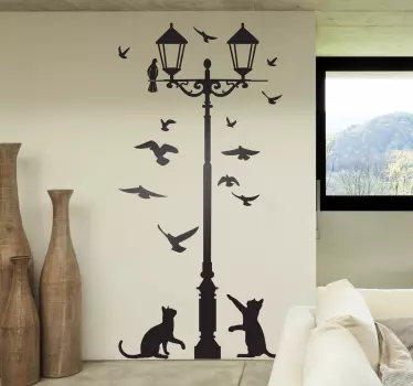 Wandtattoo Katzen Vögel und Laterne - TenStickers