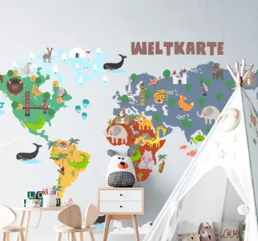 Wandtattoo Weltkarte Bunter kontinent mit gebäuden und tieren - TenStickers