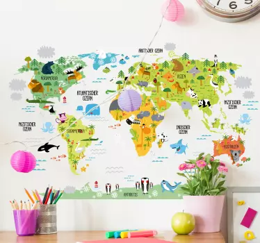 Weltkarte mit Tieren Wandtattoo Kinderzimmer - TenStickers