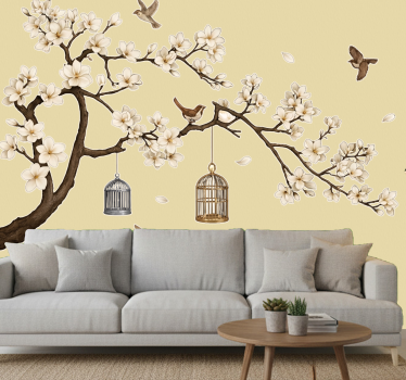 Wandtattoo Wohnzimmer blumenbaum mit vögeln - TenStickers