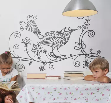 Wandtattoo Wohnzimmer Vogel Blumenranke - TenStickers