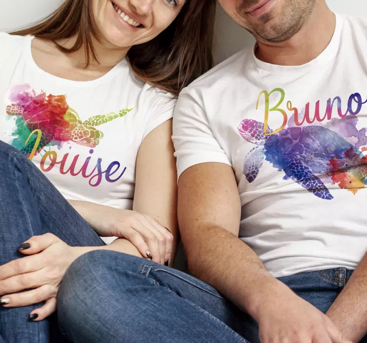 Pärchen T-Shirts Bunte Schildkröten mit Namen - TenStickers