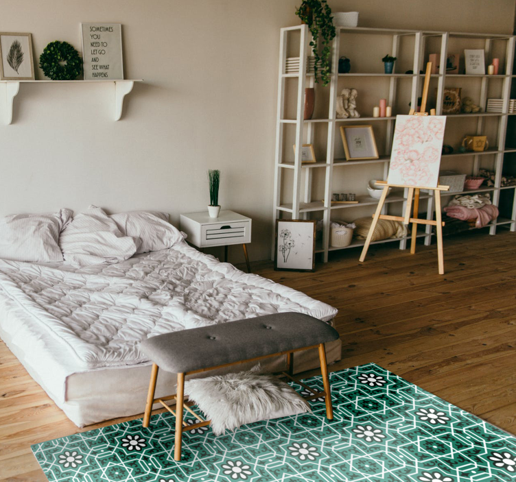 Vinyl Teppich Küche grüne Blumendekorfliesen - TenStickers