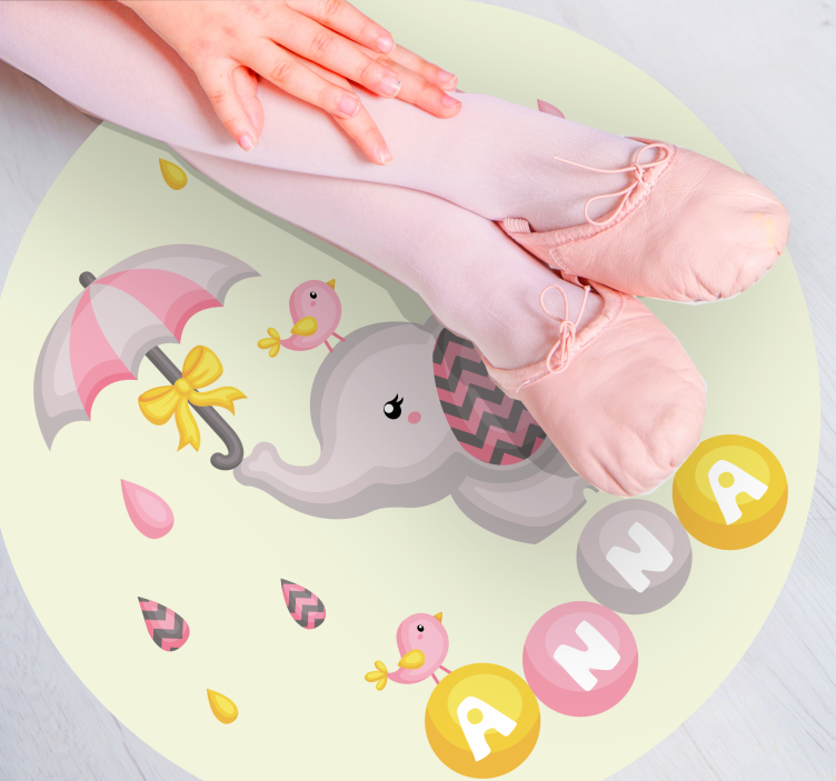 Vinylteppich mit Name Kinder elefant und vogel mit regenschirm - TenStickers