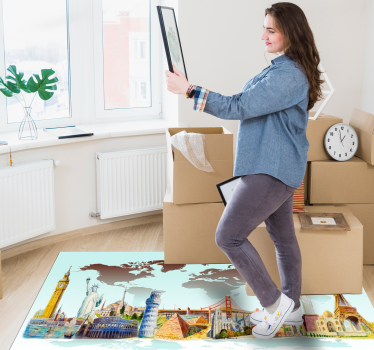 Vinyl teppich weltkarte bunte wahrzeichen collage - TenStickers