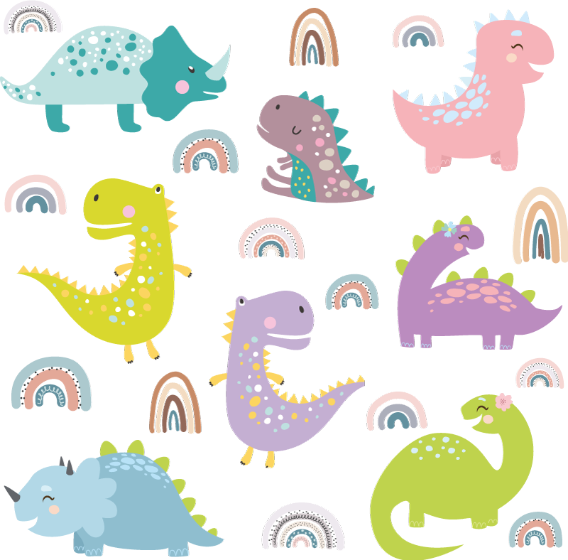 Vinyl teppich tiere nordic dinosaurier mit regenbögen - TenStickers