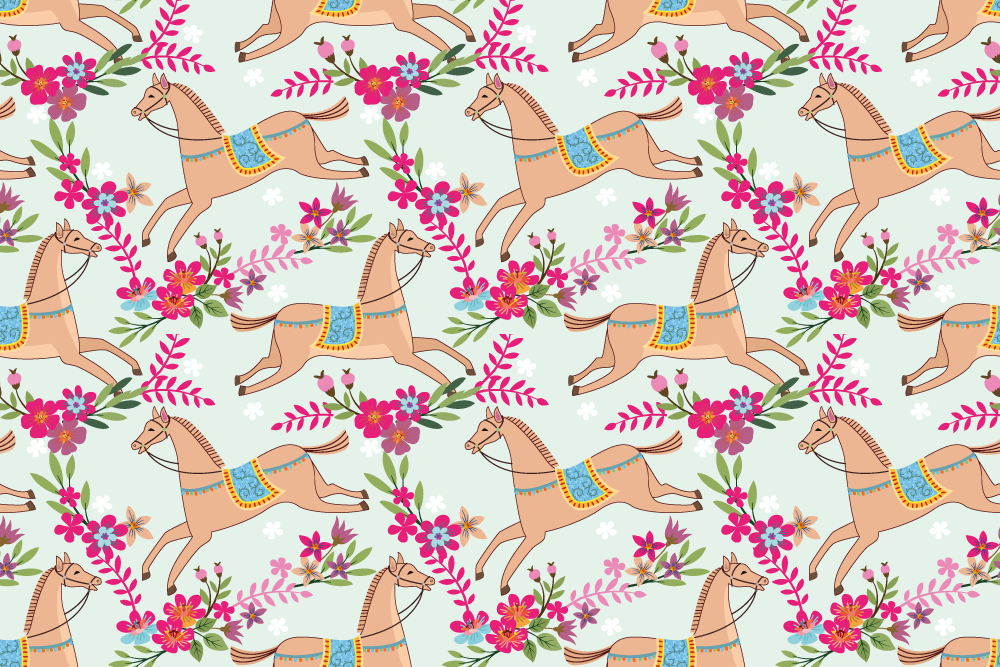 Vinyl teppich tiere mit pferdemuster und rosa blumen - TenStickers