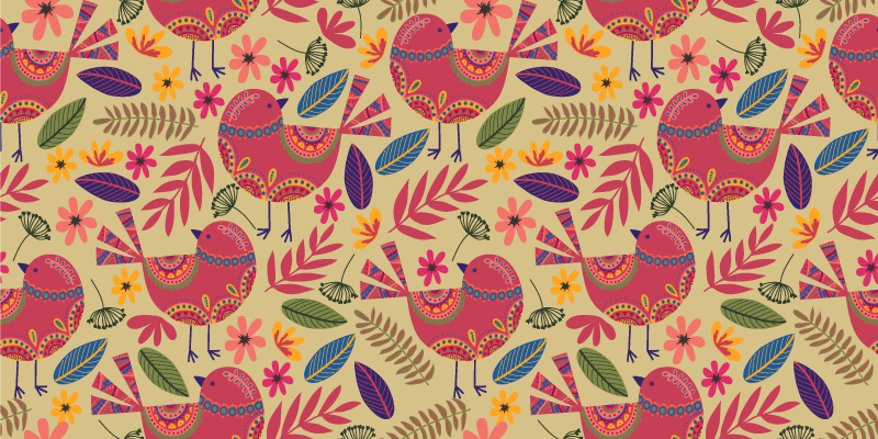 Vinyl teppich blumen mit bunten vögeln im folk-art-muster - TenStickers