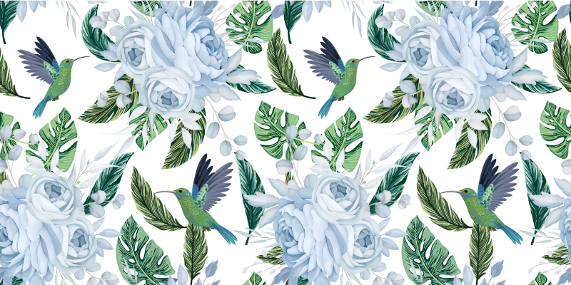 Vinyl teppich blumen blauer garten mit vögeln - TenStickers