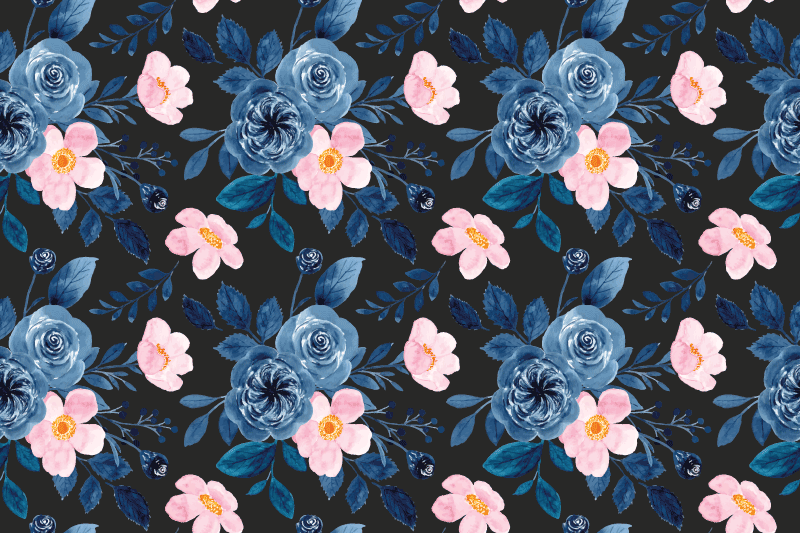 Vinyl teppich blumen in blau und rosa auf schwarz - TenStickers