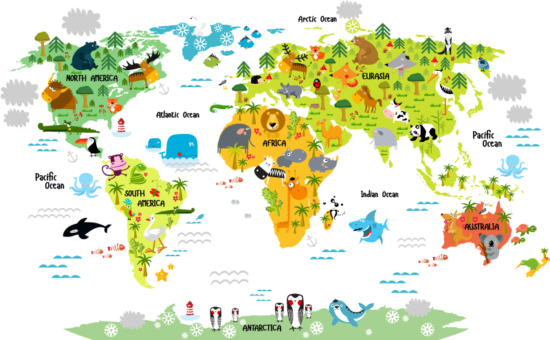 Vinyl teppich weltkarte mit englischem tierdesign - TenStickers