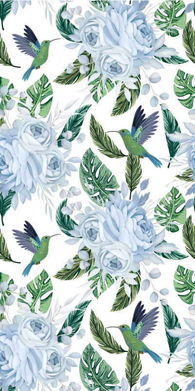 Vinyl teppich küche mit blauen gartenblumen und vögeln - TenStickers
