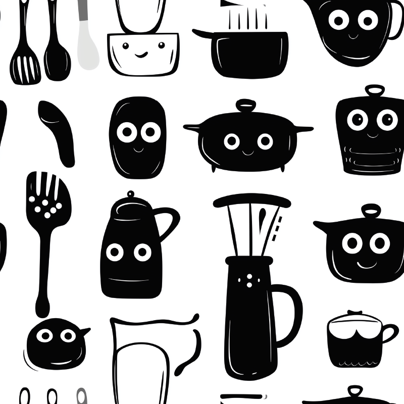Vinyl teppich küche mit gezeichneten schwarzen utensilien - TenStickers