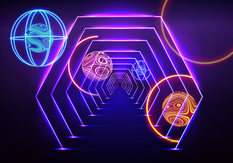 Vinyl teppich lila neon hexagonale tunnelansicht - TenStickers