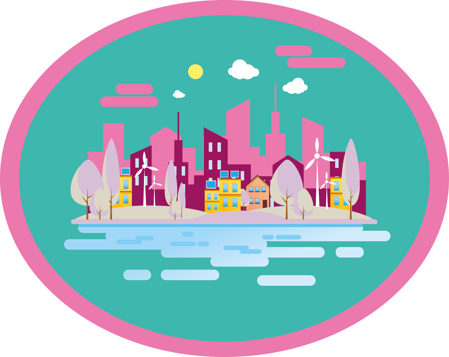 Vinylteppich kindlich Rosa stadt mit meer - TenStickers