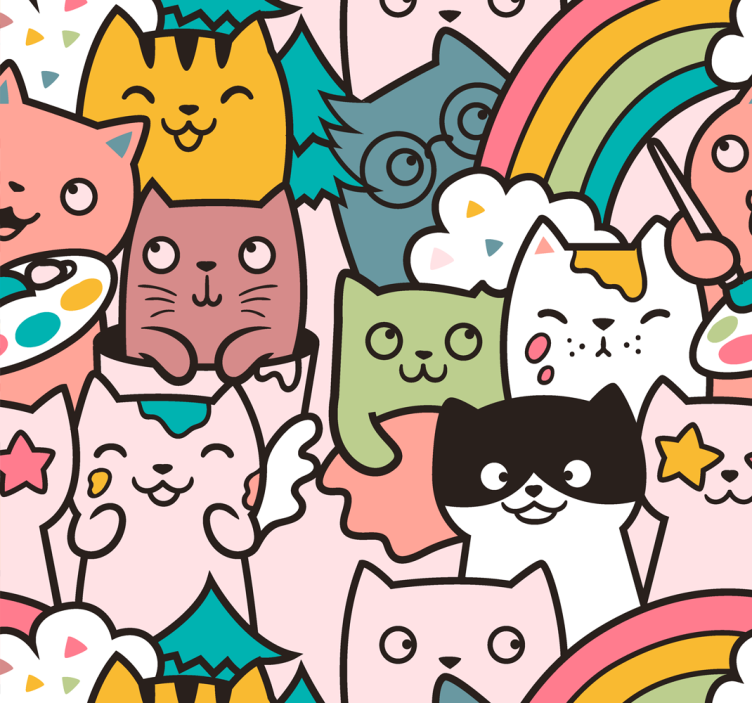 Tapeten schlafzimmer katzen doodle pastellfarben muster - TenStickers