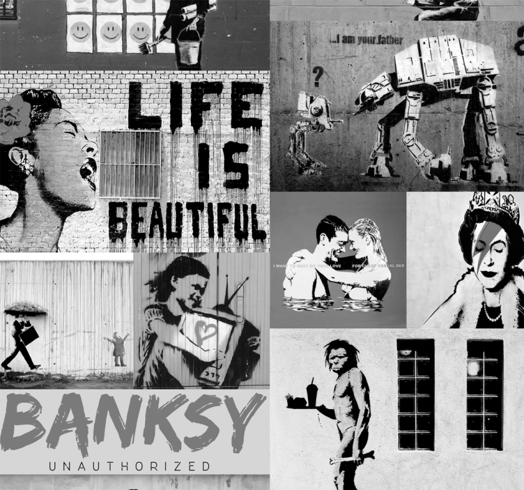 Tapeten kunst Banksy schwarz weiß - TenStickers