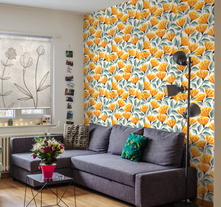 Blumentapete Schlafzimmer orange blumen - TenStickers
