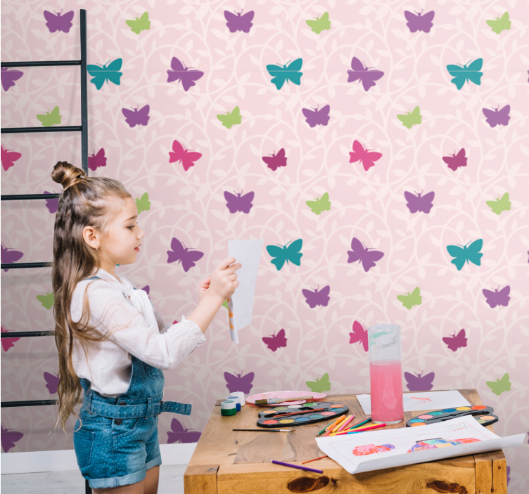 Tapete Kinderzimmer Rosa und buntes schmetterlingsmuster - TenStickers
