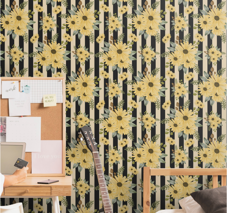 Blumentapete Sonnenblumen auf Streifen - TenStickers
