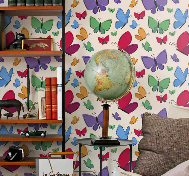 Tapete Schmetterling buntes motiv auf beigem hintergrund - TenStickers