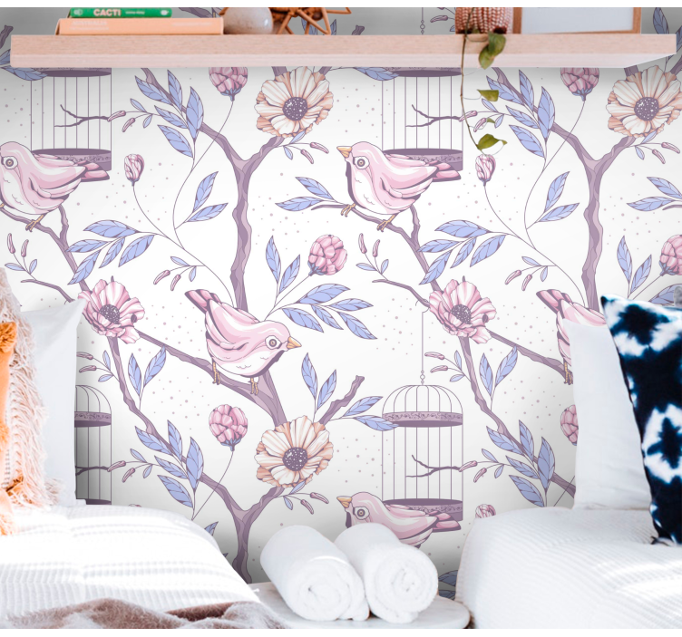 Tapete Vögel rosa blühende zweige - TenStickers