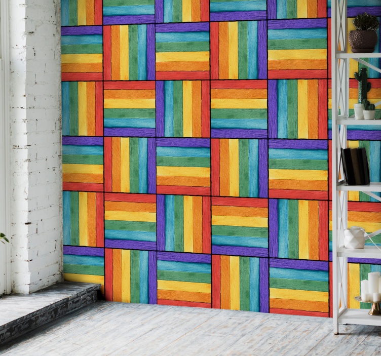 Tapete Wohnzimmer Holz in Regenbogenfarben - TenStickers