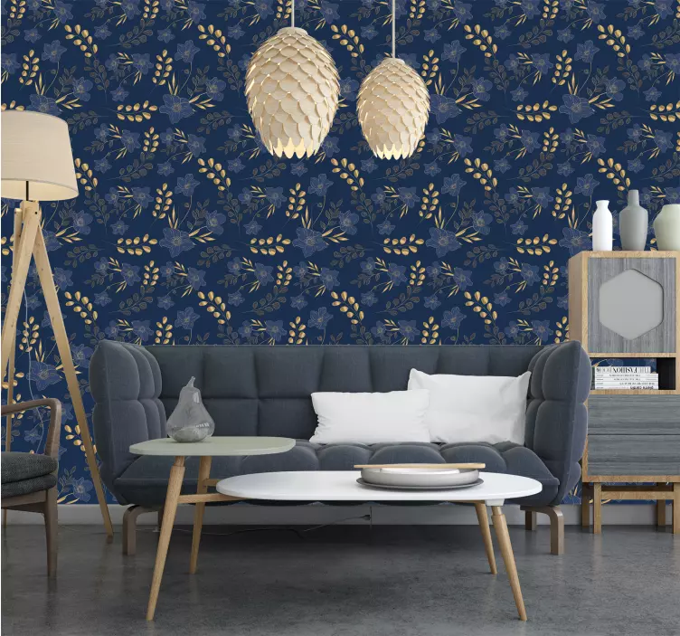 Tapete dunkelblau goldenes blumenmuster - TenStickers