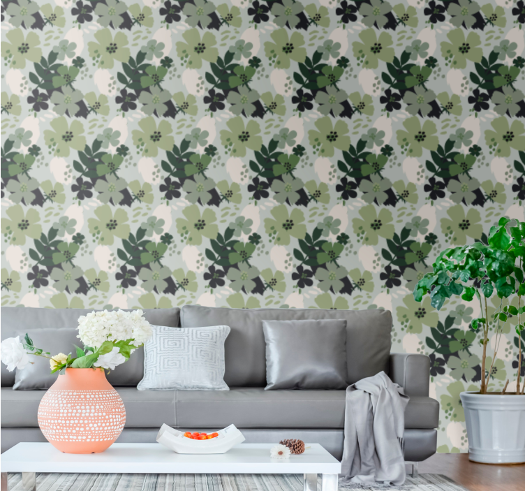 Tapeten Wohnzimmer Grüntöne hinterlässt blumenmuster - TenStickers