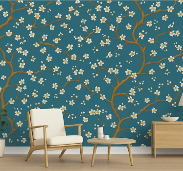 Blumentapete goldene blüte teal - TenStickers