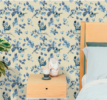 Blumentapete mit beigem und blauem muster - TenStickers