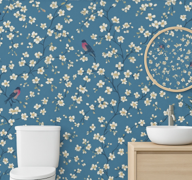 Blumentapete mit blauen obstgarten-vögeln - TenStickers